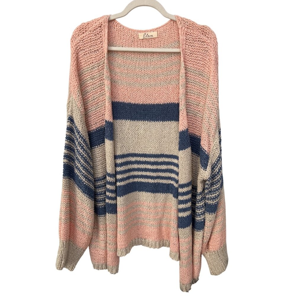 Elan Striped Open Front Cardigan Sweater Size Large Long Sleeve Colorblock Comfy